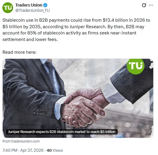Cross-border B2B Stablecoin Payments To Hit $5T By 2035, Says Juniper Research
