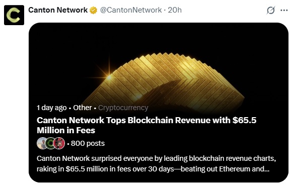 Canton Tops Chain Revenue Rankings, Ahead Of Tron & Ethereum