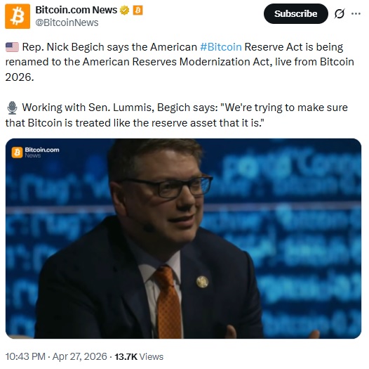 Congressman Nick Begich Pushes U.S. Bitcoin Reserve Plan, Rebrands Bill As ARMA