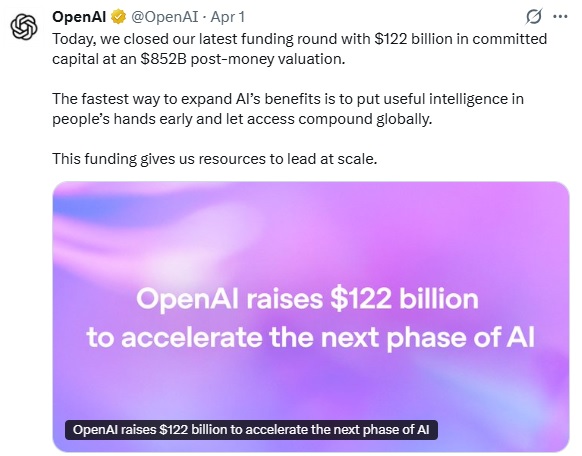 OpenAI Raises Record $122B, Becomes World’s Most Valuable Startup
