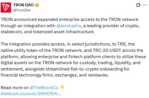 TRON Expands Institutional Access Through Zerohash Partnership