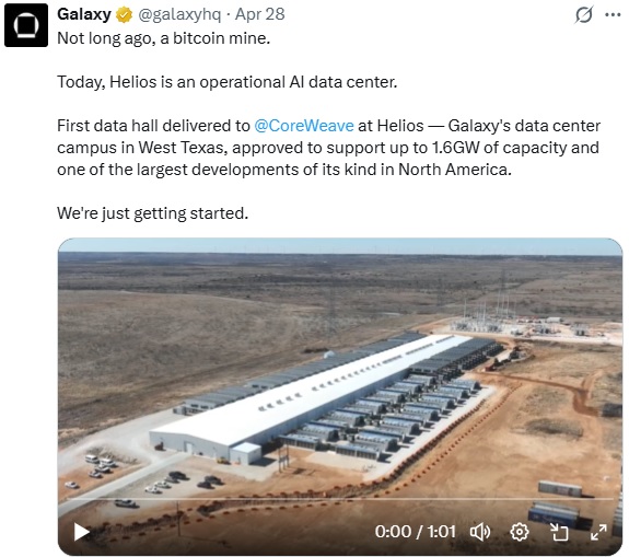 Galaxy Digital Delivers First Data Center Tranche To CoreWeave After Narrowing Q1 Loss