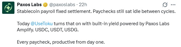 Stablecoin Payroll Gets Built-in Yield With Paxos Labs-Toku Integration