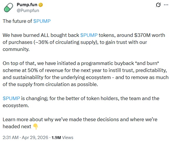 Pump.fun Burns $370M In PUMP, Commits 50% Future Revenue To Buyback Program