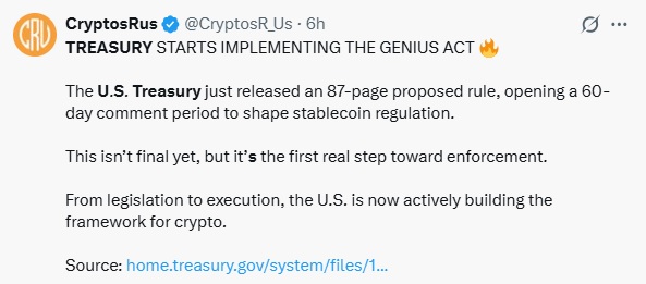 U.S. Treasury Begins Process To Enforce Stablecoin Law