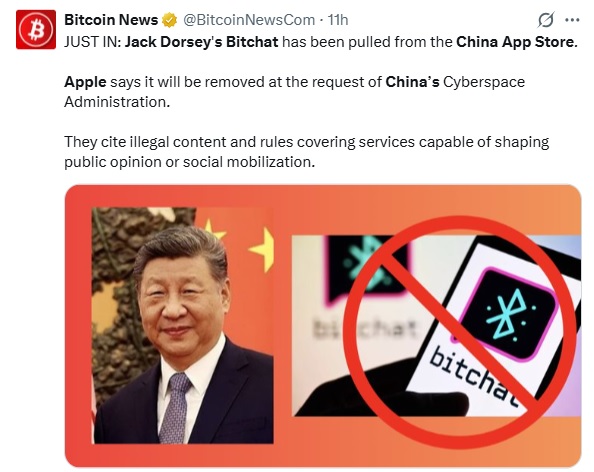 Apple Removes Jack Dorsey’s Bitchat From China App Store Amid Regulatory Pressure
