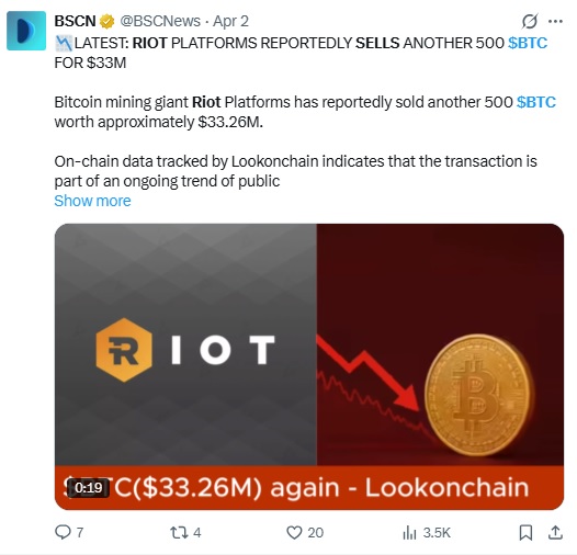 Bitcoin Miner Riot Sells 3,778 BTC Amid Rising Costs