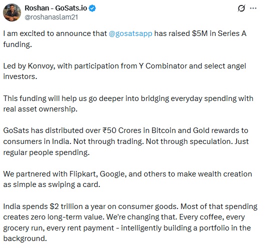 GoSats Raises ₹47 Crore To Expand Bitcoin Rewards India