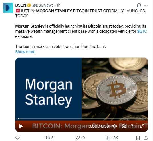 Morgan Stanley Debuts First Bank-issued Bitcoin ETF On NYSE Arca