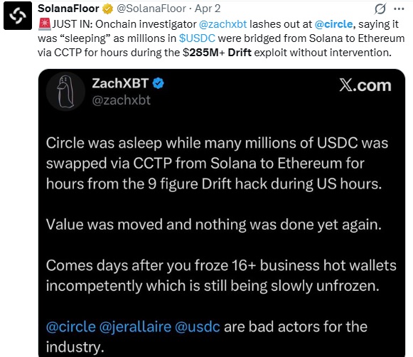 Circle Faces Backlash After $285M Drift Hack Response