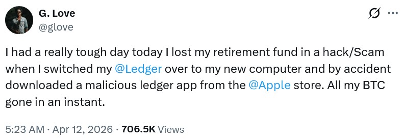 Musician Loses BTC! G.Love Loses 5.9 BTC After Entering Seed Phrase In Fake Ledger App