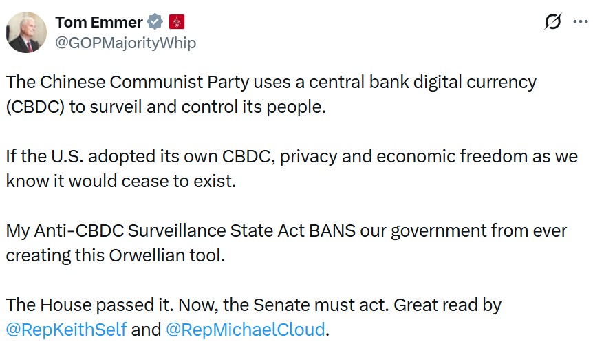 Will The US Ban CBDCs? Tom Emmer Pushes Anti-CBDC Bill As Republicans Call For Permanent Digital Dollar Ban