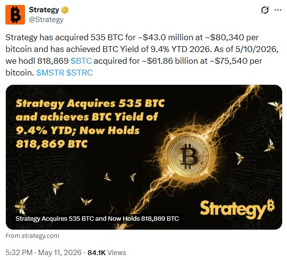 Strategy Resumes Bitcoin Buying With Fresh $43M Purchase