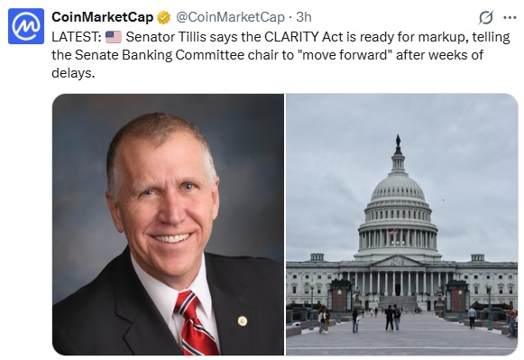 Sen. Tillis Pushes For CLARITY Act Markup As Stablecoin Yield Concerns Largely Addressed
