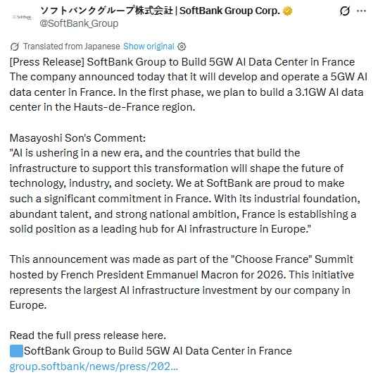 SoftBank Plans Up To €75B AI Data Centre Investment In France