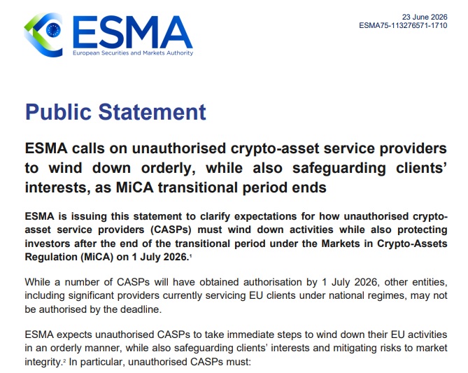 ESMA Orders Unauthorized Crypto Firms To Wind Down Before MiCA Deadline