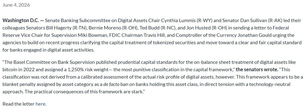 US Senators Urge New Bitcoin, Crypto Capital Rules For Banks Amid CLARITY Act