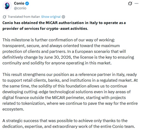 Italian Fintech Conio Receives MiCA License To Offer Crypto Services Across The EU