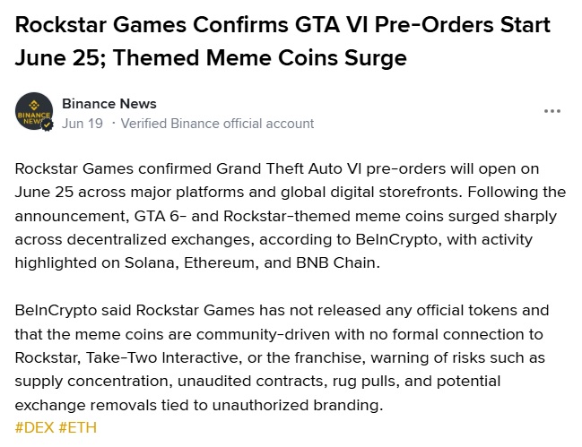 GTA 6 Preorder Buzz Sparks Rally In Vice City & Rockstar-themed Memecoins