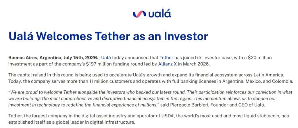 Tether Invests $20M In Argentina's Ualá, Deepens Latin America Expansion
