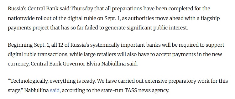 Russia Confirms Digital Ruble Rollout Will Begin On September 1