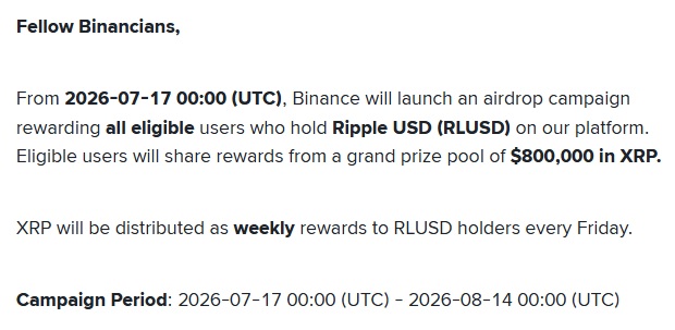 Binance Launches $800,000 XRP Airdrop Campaign For RLUSD Holders