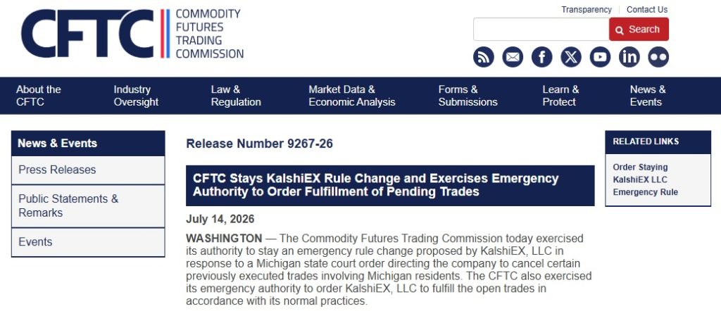 CFTC Blocks Kalshi From Cancelling Michigan Trades, Citing Federal Authority