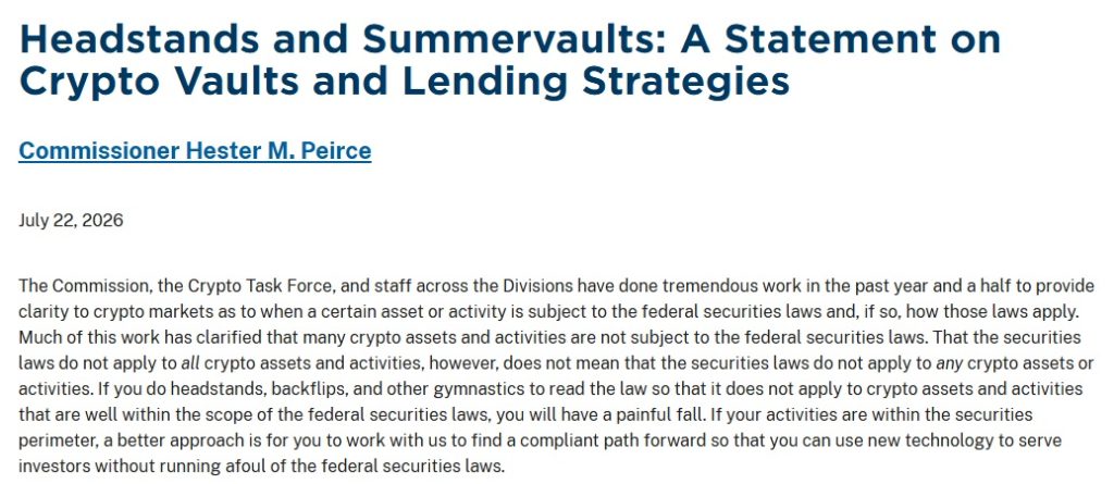 SEC Commissioner Peirce Warns Some DeFi Vaults & Onchain Lending May Face Securities Laws