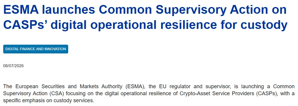 ESMA Launches Europe-wide Review Of Crypto Custody Under MiCA