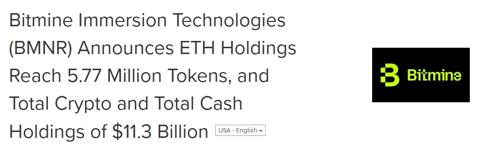 BitMine Expands Ethereum Treasury To 5.77M ETH