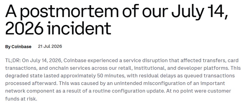Coinbase Explains Cause Of 50-minute Outage, Says Customer Funds Remained Safe