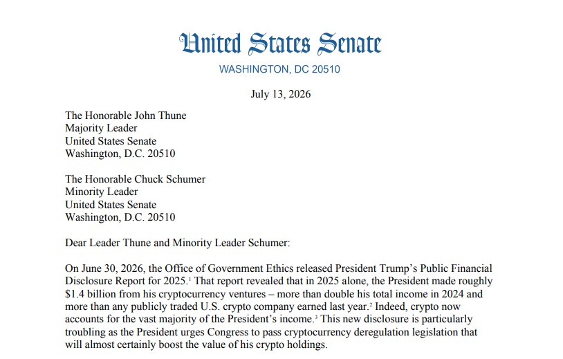 Elizabeth Warren Pushes Ethics Rules As Trump's Crypto Earnings Come Under Spotlight