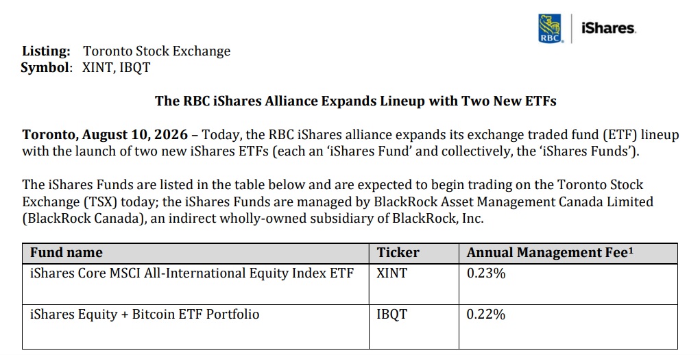 BlackRock Launches Two Canada ETFs With One Allocating 3% To Bitcoin