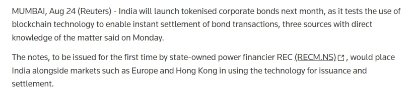 India Plans First Tokenized Corporate Bond Issue In September, Reuters Reports