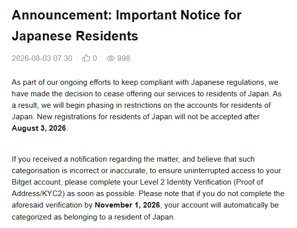 Bitget To End Crypto Services In Japan, Sets December 31 Deadline For Account Closures