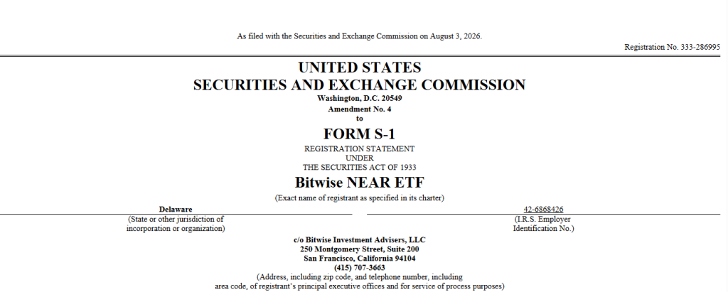 Bitwise Unveils NRR Ticker As NEAR ETF Filing Advances With SEC