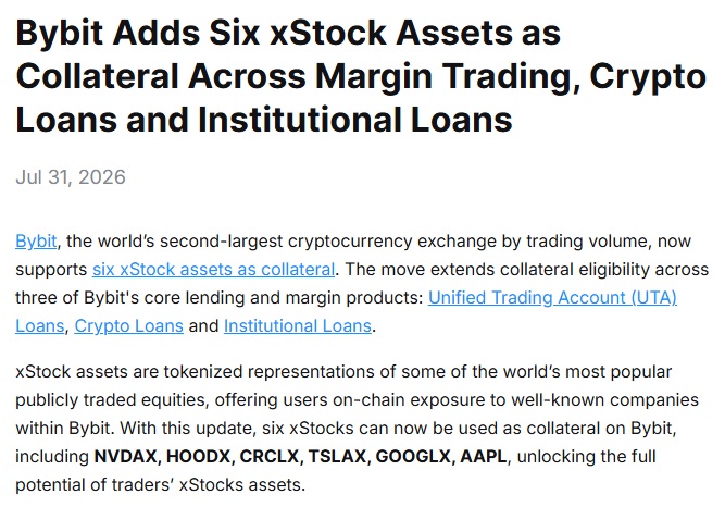 Bybit Adds Tokenized Nvidia, Apple And Tesla Stocks As Loan Collateral