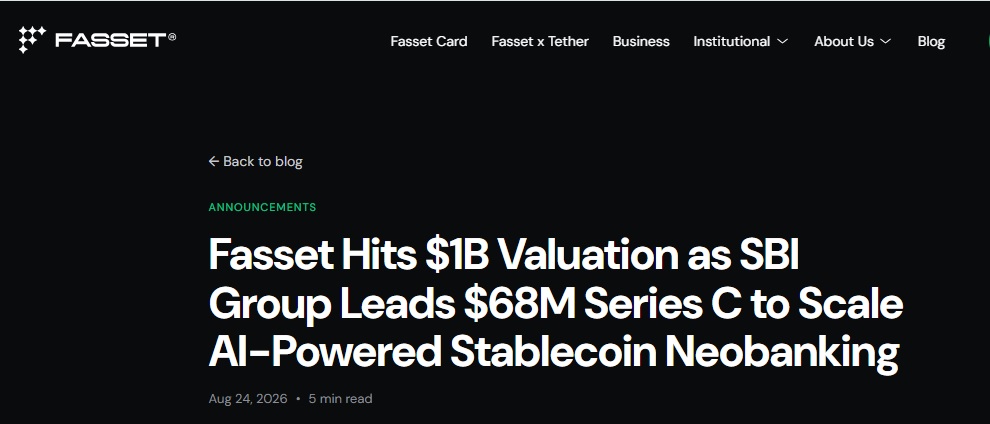 Stablecoin Neobank Fasset Reaches $1B Valuation As SBI Backs Payments Push