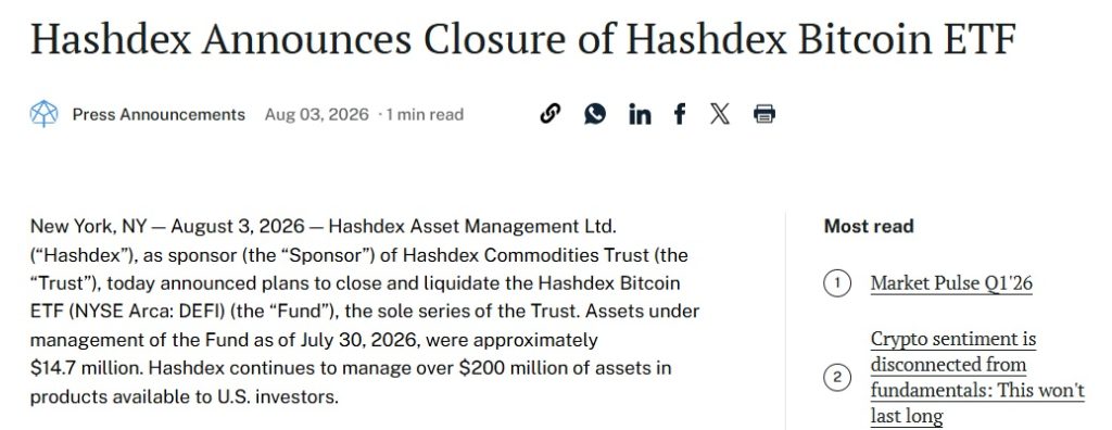 Hashdex To Shut Down Its Smallest Spot Bitcoin ETF After More Than Two Years