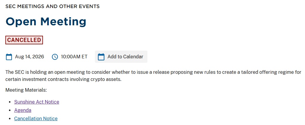 SEC Delays Crypto Rulemaking Meeting Amid CLARITY Act Stalemate