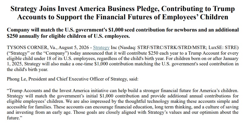 Strategy Joins Coinbase & Morgan Stanley In Trump Accounts Program For Employees' Children