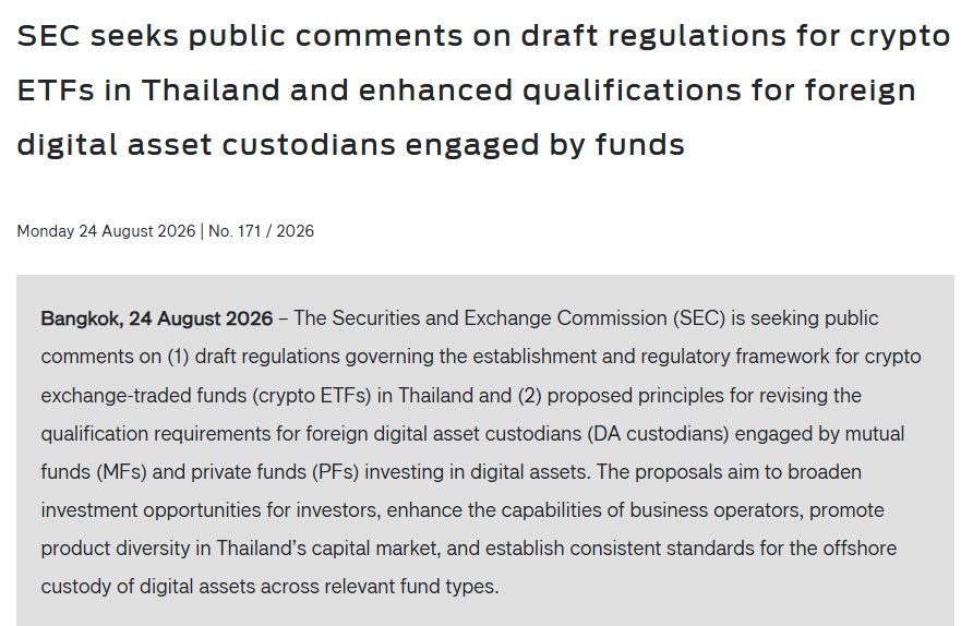Thailand Moves Closer To Bitcoin, Ether ETFs With Draft Rules