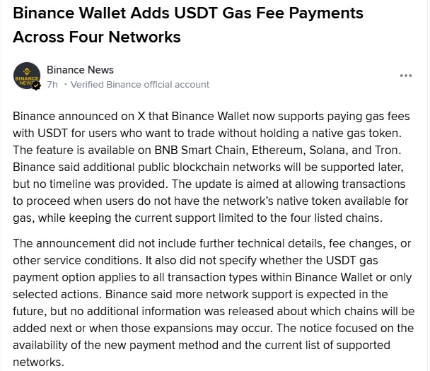 Binance Wallet Lets Users Pay Gas Fees In USDT On Four Networks