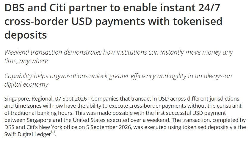 DBS & Citi Complete US Dollar Payment Over The Weekend Using Blockchain