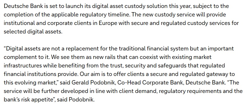 Deutsche Bank Plans European Crypto Custody For Bitcoin & Ether
