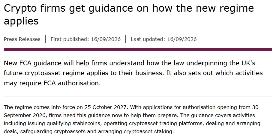 UK Crypto Firms Get New FCA Guidance Ahead Of 2027 Rules