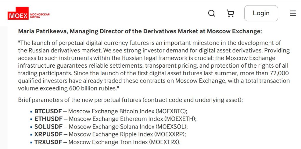Moscow Exchange Launches Crypto Perpetual Futures For Bitcoin, Ether, Solana, XRP & Tron