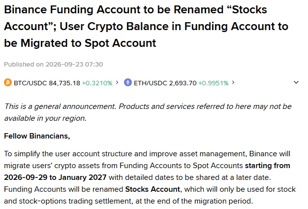 Binance To Move Crypto From Funding Account To Spot Starting September 29