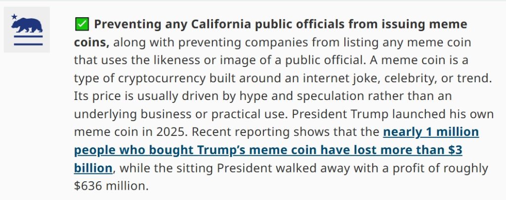 California Bans Official Memecoins, Takes Aim At Trump’s Crypto Venture