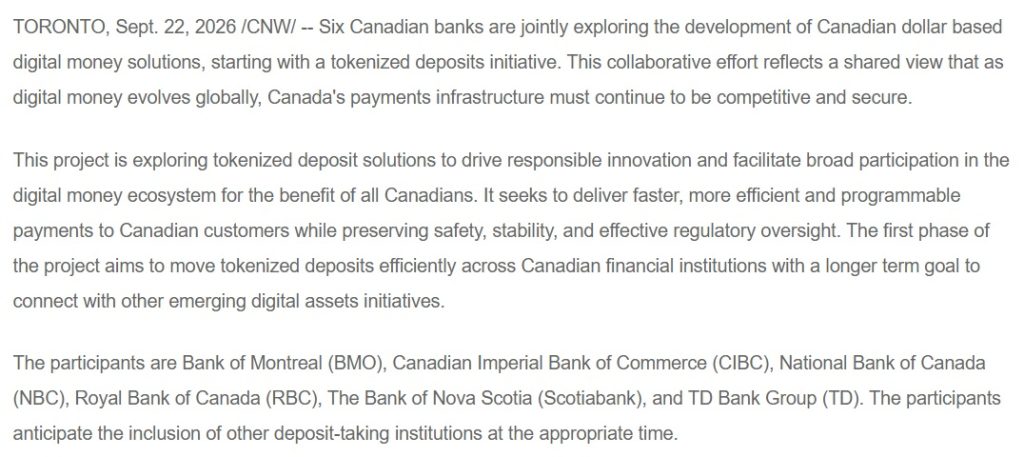 Canada’s Six Largest Banks Explore Blockchain-based System For Tokenized Canadian-Dollar Deposits